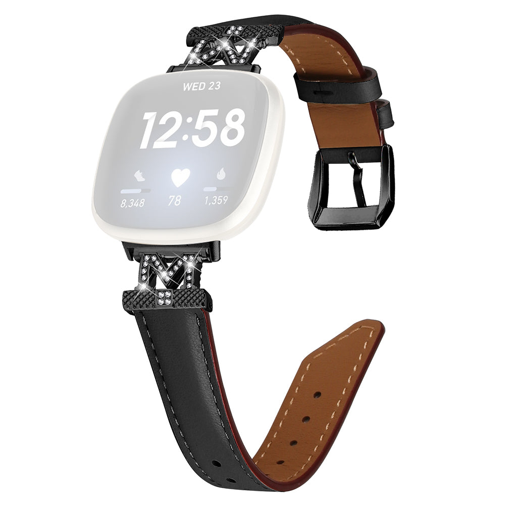 Watch Strap for Fitbit Versa 3 Versa 4 Sense Sense 2 M Shape Rhinestone Decor Genuine Cowhide Leather Band with Black Buckle Watch Strap for Fitbit Versa 3 Versa 4 Sense Sense 2 M Shape Rhinestone Decor Genuine Cowhide Leather Band with Black Buckle